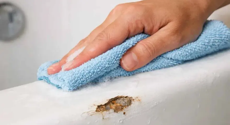 Main d'une personne nettoyant une rayure sur une baignoire en acrylique avec un chiffon bleu.