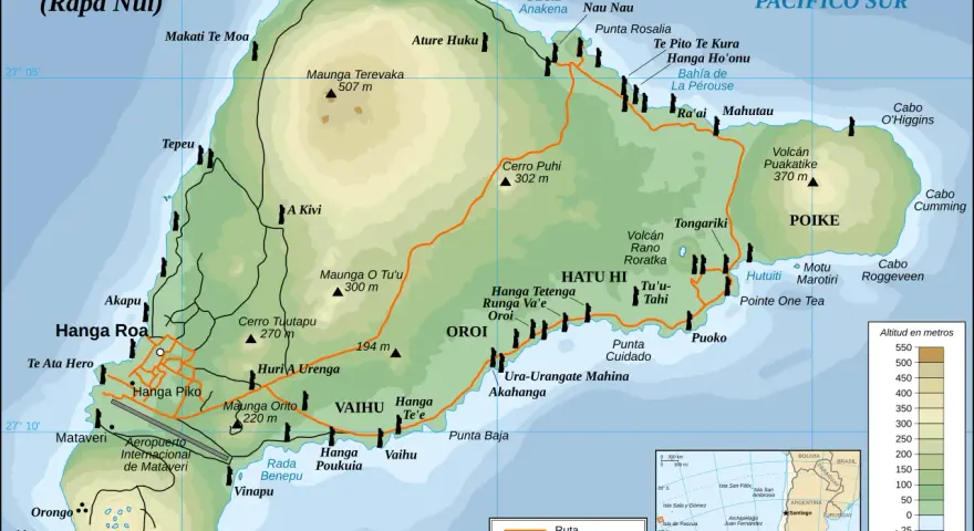 Mapa turystyczna wyspy z Wielkanocną, pokazująca szlaki, ruiny i punkty widokowe.