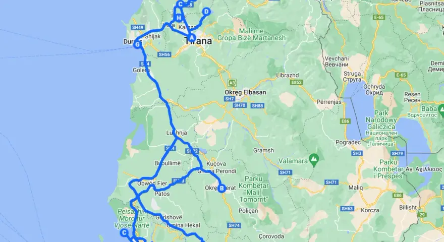 Trasa samochodowa przez malownicze **albania miasta**: Durrës, Tirana, Elbasan, Berat, Kuçova, Fier, Lushnja, Vlora.