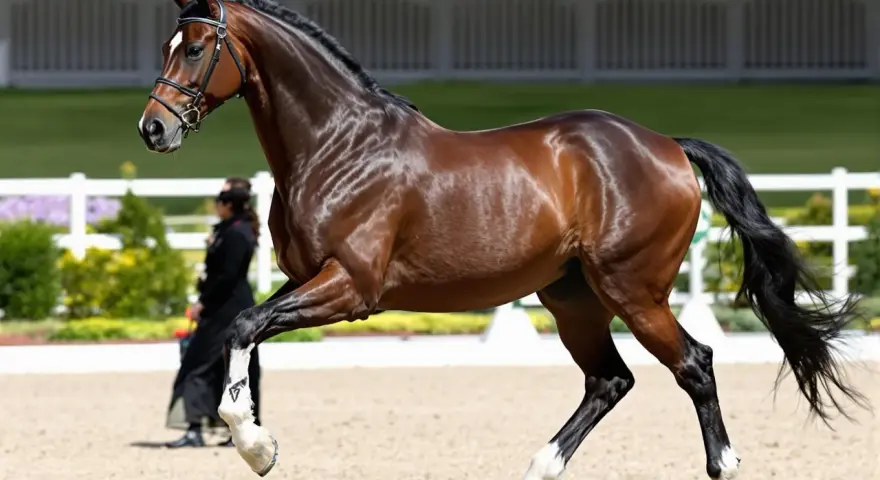 Un magnifique cheval bai, aux crins noirs, effectue un mouvement gracieux sur le sable. Un cheval AES, prêt pour la compétition.