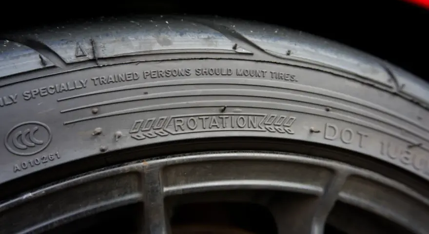 Nahaufnahme eines Reifens. Die Beschriftung "ROTATION" mit Pfeilen zeigt die Laufrichtung an.