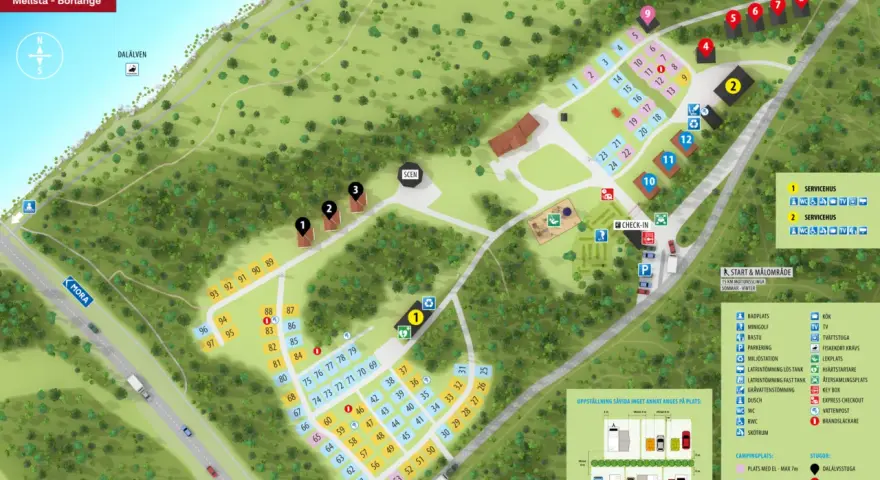 Karta över First Camp Mellsta - Borlänge med campingplatser, stugor, servicehus och faciliteter vid Dalälven.