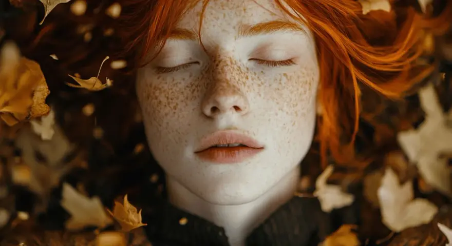 Une rousse aux taches de rousseur, entourée de feuilles d'automne. Quelle couleur pour les rousses ? La nature répond avec cette palette chaleureuse.