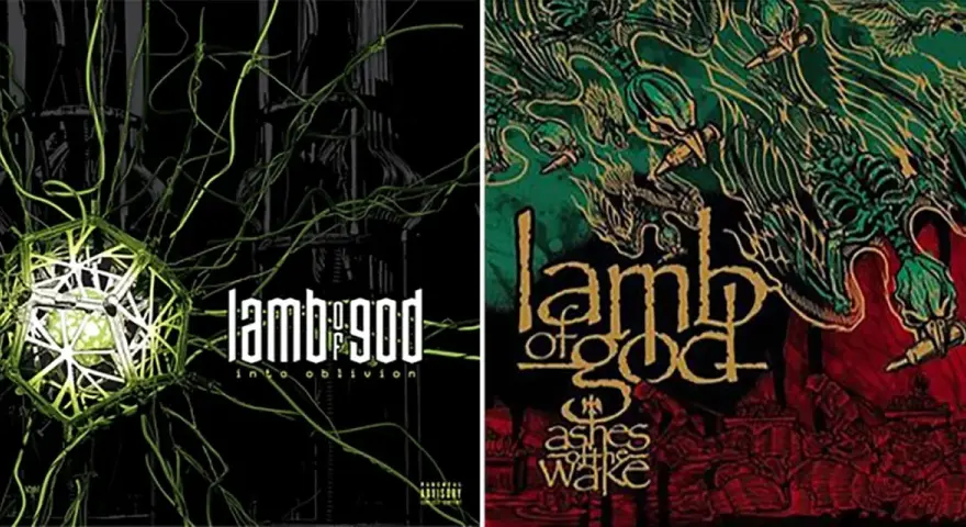 Behold the Lamb of God album covers: "Into Oblivion" with a glowing geometric orb and "Ashes of the Wake" with a skeletal dragon.