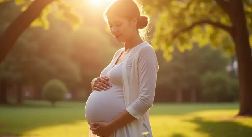 Kobieta w wieku 48 lat cieszy się naturalną ciążą, trzymając dłonie na brzuchu w promieniach zachodzącego słońca w parku.