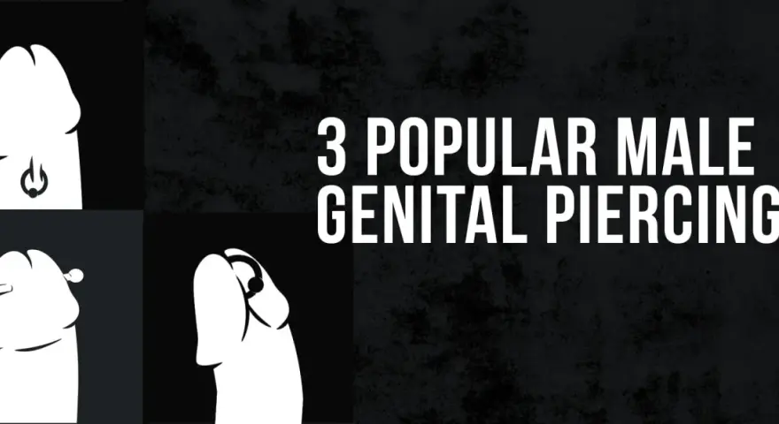 Ilustracje pokazują trzy rodzaje piercingu penisa: pierścień, sztangę i kółko.