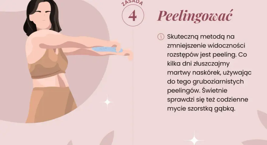 Kobieta wykonuje peeling, by zmniejszyć widoczność rozstępów. Domowe sposoby na rozstępy to m.in. peeling.