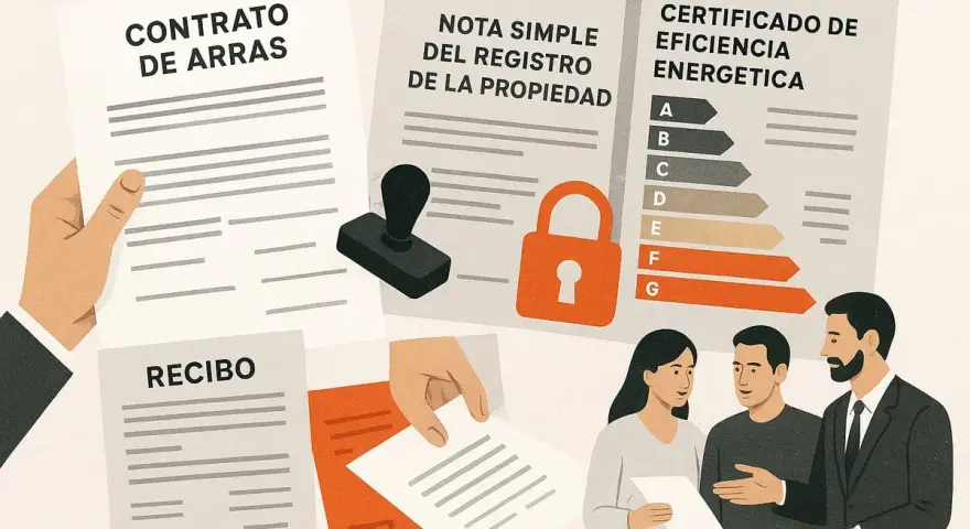 Documentos clave para la escritura pública de vivienda: contrato, nota simple, certificado energético y recibo.
