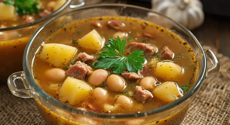 Dos cuencos de cristal con caldo gallego, patatas, alubias y carne.