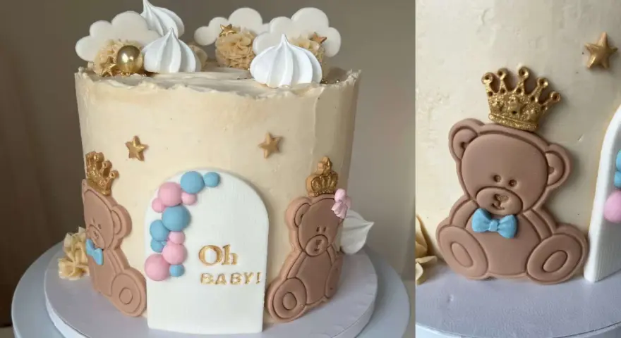 Söt gender reveal tårta med nallebjörnar, moln och stjärnor. Ett perfekt recept för att avslöja om det blir en flicka eller pojke!