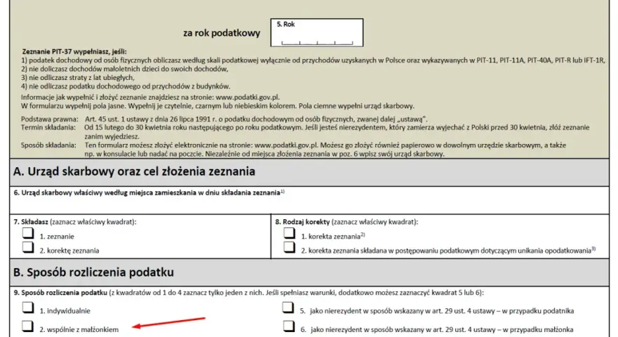 Formularz PIT-37, sekcja B. Sposób rozliczenia podatku. Możliwość rozliczenia indywidualnie, wspólnie z małżonkiem, jako wdowa/wdowiec lub osoba samotnie wychowująca dzieci. Podatek od sprzedaży.