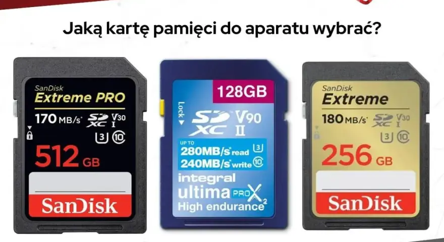 Trzy karty pamięci SanDisk: 512 GB Extreme PRO, 128 GB Integral Ultima ProX2 i 256 GB Extreme. Wybierz odpowiednią kartę flash do swojego aparatu.