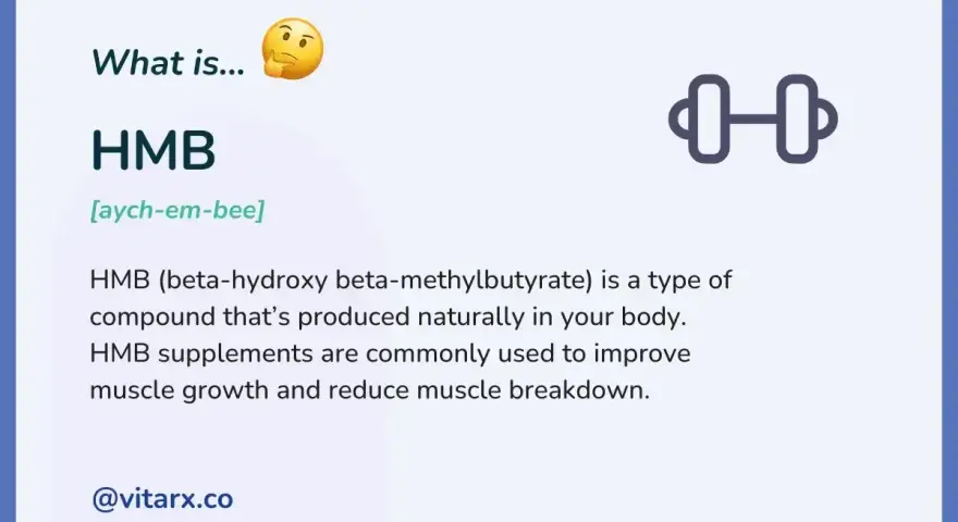HMB co to? To beta-hydroksy beta-metylomaślan, związek naturalnie produkowany w ciele, wspierający wzrost mięśni. Ikona hantli symbolizuje jego zastosowanie.