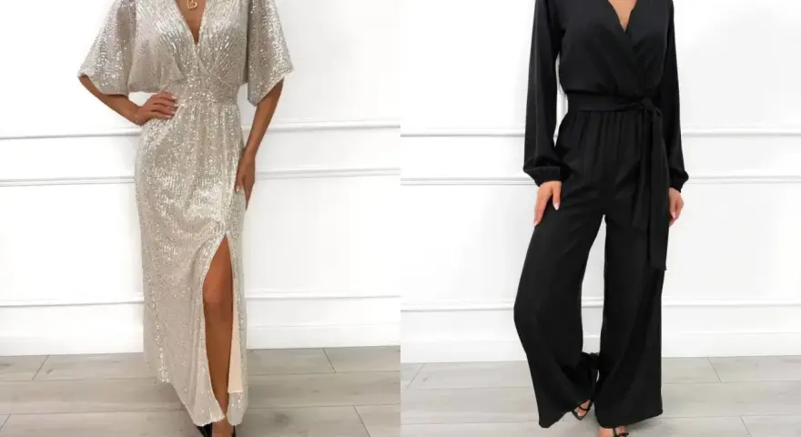 Elegancka srebrna sukienka w cekiny i czarny kombinezon – inspiracje, jak się ubrać na wesele.