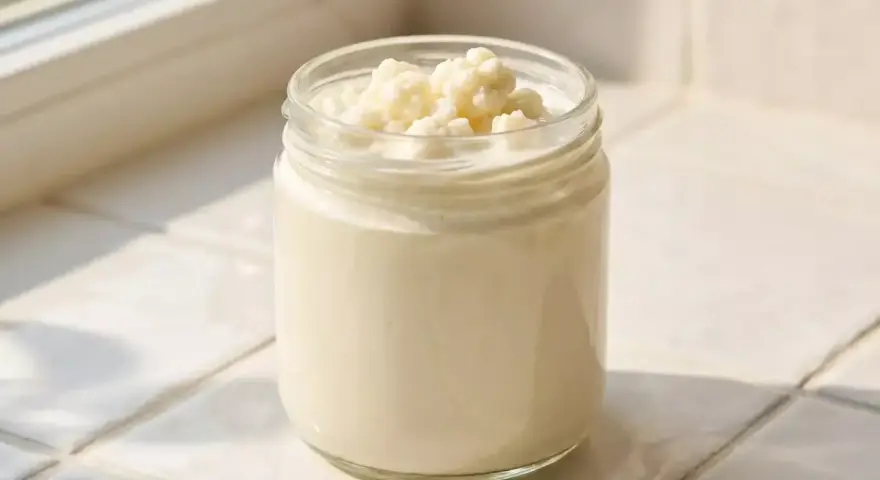 Ein Glas Kefir mit lebenden Kulturen, bereit für die Zubereitung von Kefir-Brot.