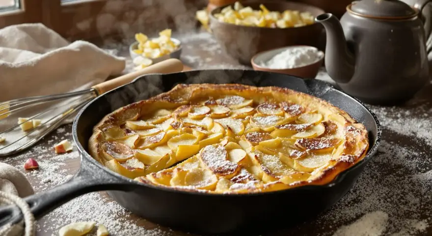 Un matefaim de grand-mère aux pommes, tout juste sorti du four, saupoudré de sucre glace. Une gourmandise réconfortante.