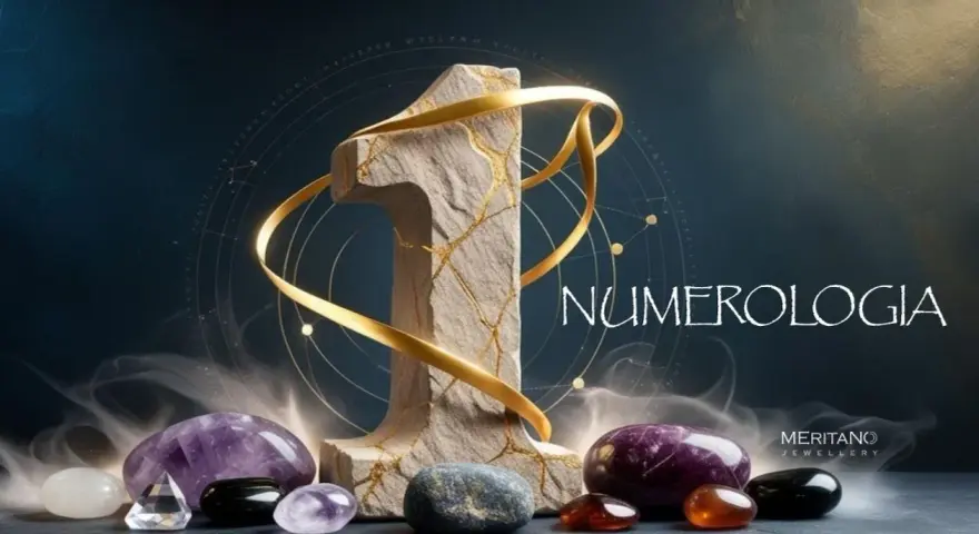 Kamienna jedynka z złotymi żyłkami, otoczona kryształami i mgłą, symbolizuje numerologię.