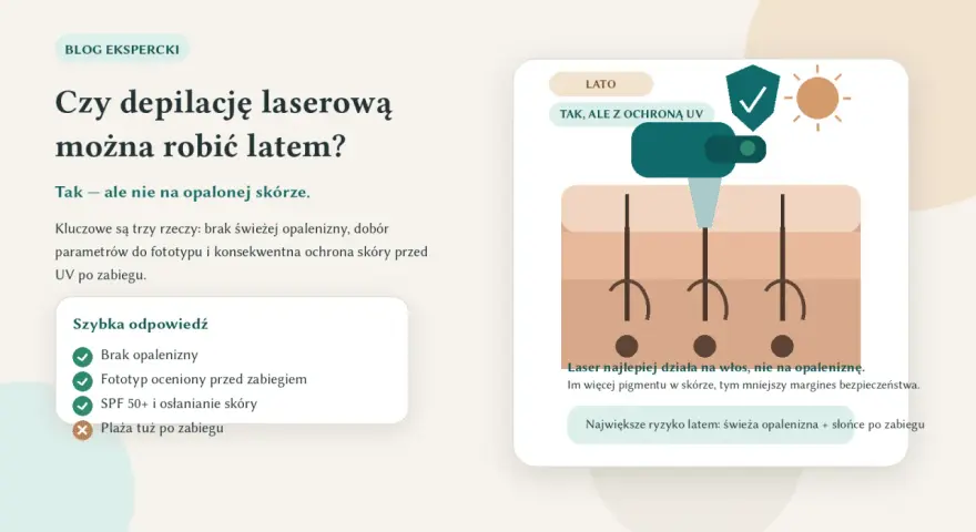 Depilacja laserowa latem jest możliwa, ale wymaga braku opalenizny i ochrony UV. Laser działa na włos, nie na opaleniznę.