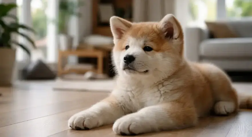Szczenię rasy Akita Inu leży na drewnianej podłodze w przytulnym wnętrzu.