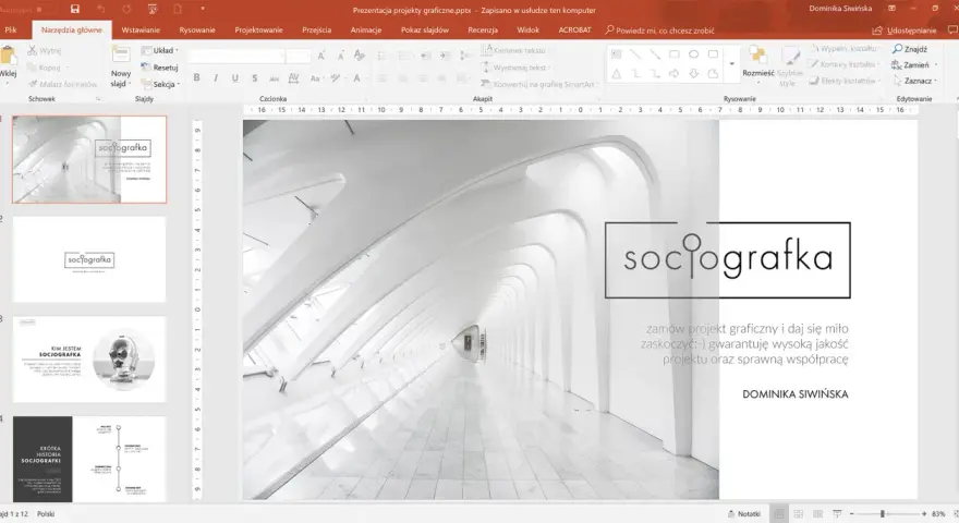 Program do prezentacji z widokiem slajdów. Na pierwszym slajdzie logo "sociografka" i hasło.