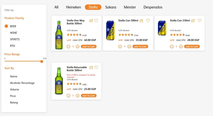 Stella piwo w Egipcie: butelki i puszki Stella dostępne w różnych rozmiarach, idealne na gorące dni.