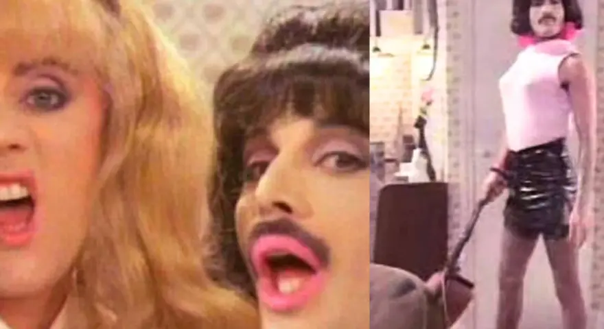 Freddie Mercury w klipie "I Want to Break Free" Queen, w różowej bluzce i skórzanej spódniczce, z warkoczem i szminką.