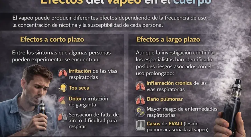 ¿Qué pasa si vapeas una vez? Irritación de garganta, tos seca y dificultad para respirar son posibles efectos a corto plazo, incluso en usuarios ocasionales.