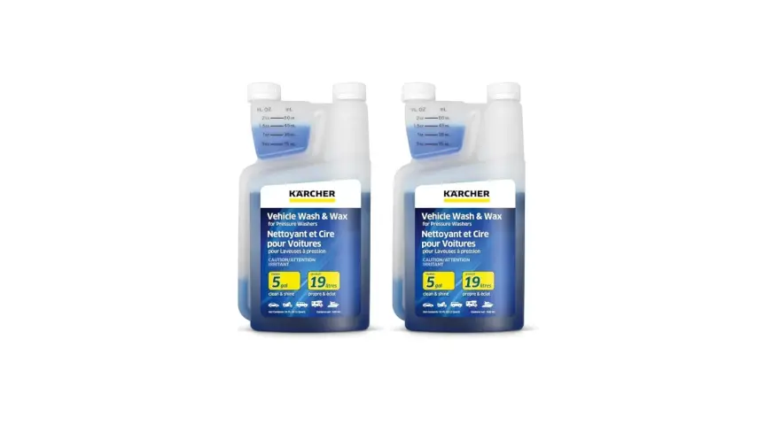 Two bottles of Kärcher Vehicle Wash & Wax for pressure washers. This car wash soap is designed for pressure washers, ensuring a clean and shiny finish.