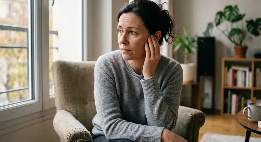 Femme assise près d'une fenêtre, le regard perdu, une main sur l'oreille comme pour entendre un bip dans l'oreille.