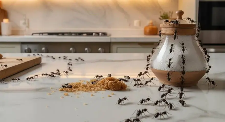 Un ejército de hormigas diminutas invade una cocina, rodeando un azucarero y un montón de azúcar moreno.