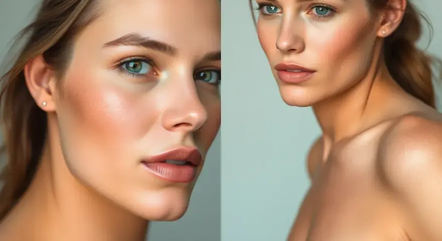 Dwie zbliżone fotografie twarzy kobiety z delikatnymi plamami po opalaniu natryskowym, podkreślającymi naturalny rumieniec i kontury.