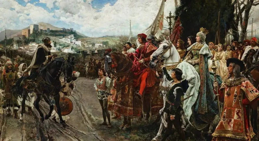 Un rey a caballo, con Granada al fondo, recibe a una reina y su corte. La escena evoca la importancia de la Mesta en la España medieval.
