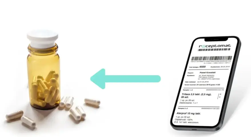 Butelka z kapsułkami i smartfon z receptą. Czy witamina E jest na receptę? Zobacz, jak uzyskać e-receptę.