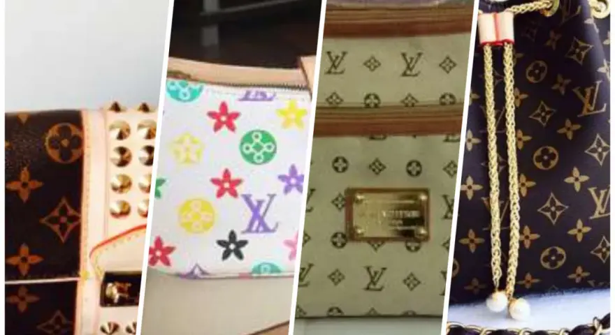 Cztery zbliżenia torebek Louis Vuitton: jedna z ćwiekami, druga kolorowa, trzecia z logo i blachą, czwarta ze złotym sznurkiem.