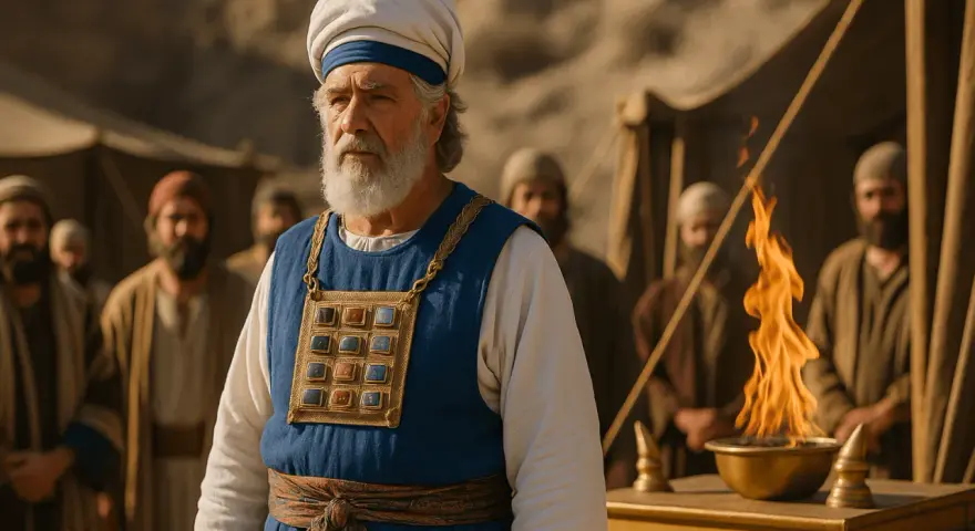An elder, possibly Eleazar in the Bible, stands in a desert setting, wearing a priestly garment with a jeweled breastplate.