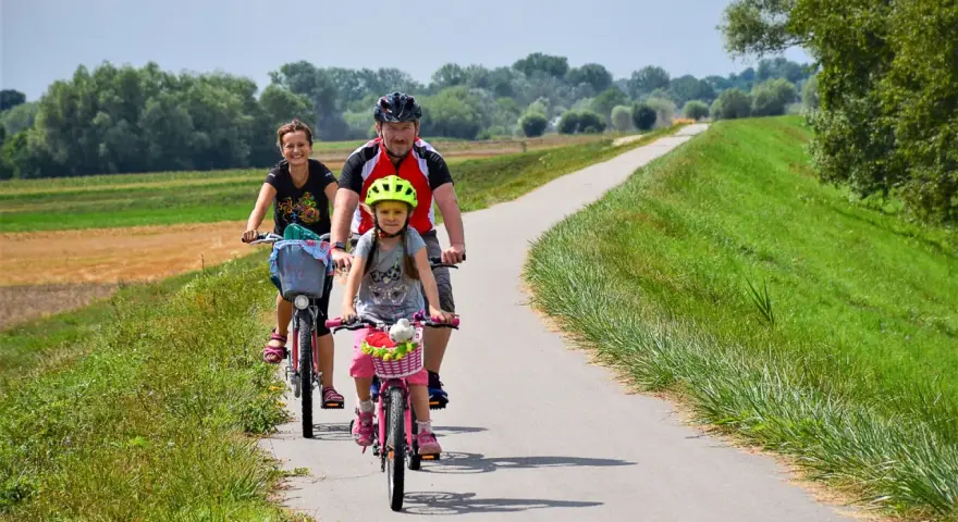 Rodzina na rowerach przemierza malownicze trasy rowerowe Małopolska. Słońce, zieleń i uśmiechy na twarzach.