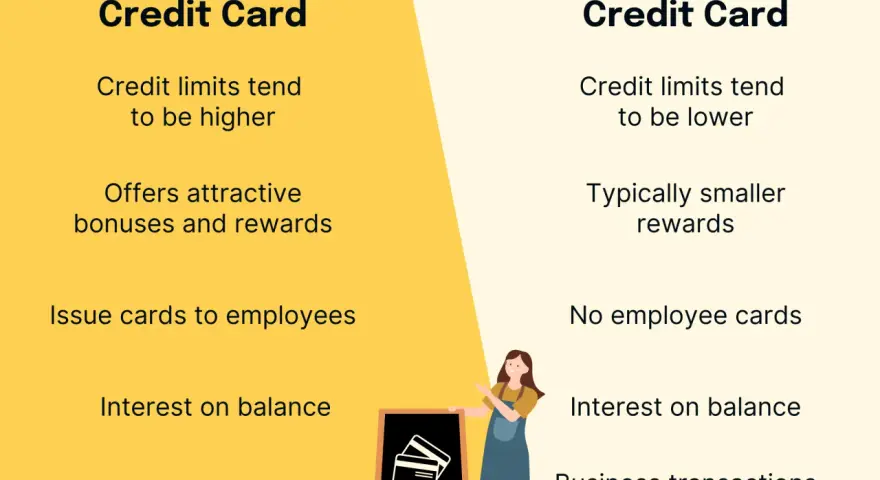 Comparison of business credit card vs personal credit card features, highlighting higher limits and employee cards for business.