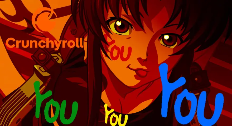 Anime-Figur mit Crunchyroll-Logo und bunten "you"-Schriftzügen.