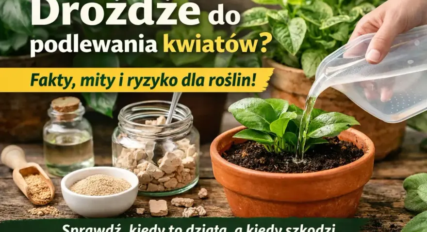 Nawóz z drożdży do kwiatów? Na zdjęciu widać słoik z drożdżami, buteleczkę z płynem i młodą roślinę w doniczce, którą podlewa ręka.