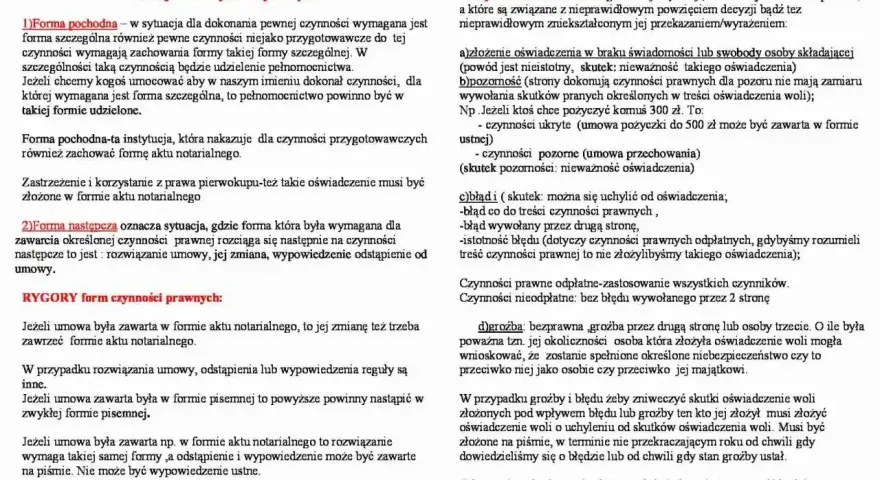 Dokument omawia formy czynności prawnych, w tym formę pochodną i następczą, oraz wady oświadczenia woli. Zawiera informacje o repertorium prawnym.