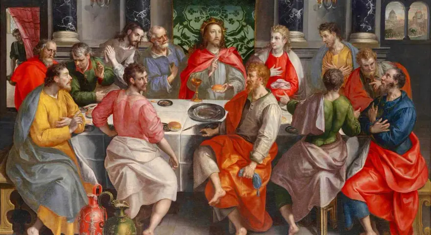 Jesus and his disciples at the Last Supper, a scene often depicted in different types of churches, with ornate architecture and rich fabrics.