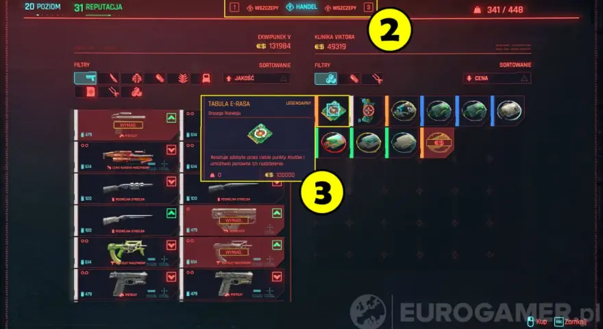 Interfejs gry Cyberpunk 2077: ekwipunek, handel i zasady gry. Widok menu z przedmiotami, w tym legendarną "Tabulą E-Rasa".