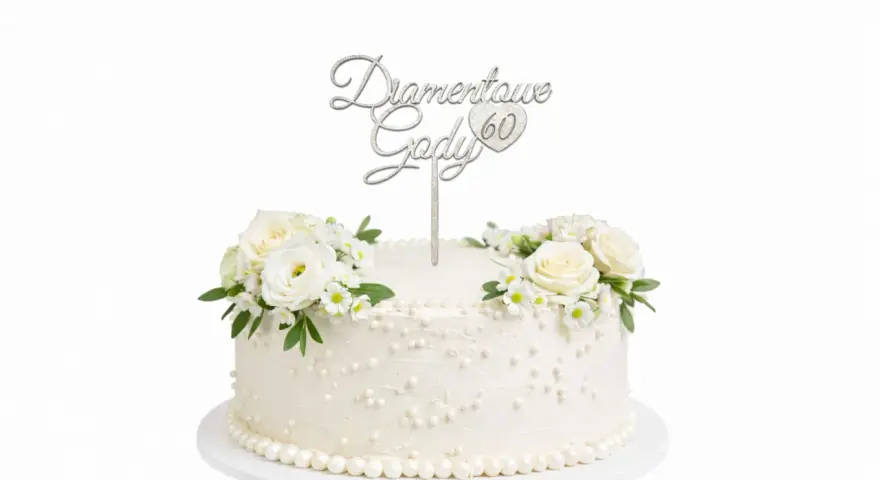 Elegancki tort ozdobiony białymi różami i napisem "Diamentowe Gody 60".