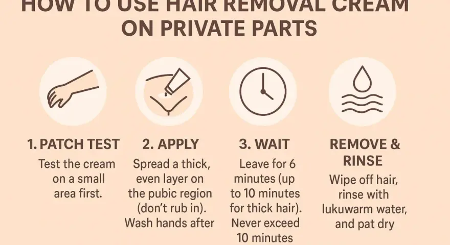 Instructions for using depilatory cream on private parts: patch test, apply, wait, and rinse. This cream's function is hair removal.