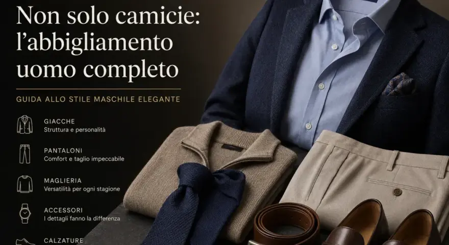 Un completo da uomo elegante: giacca blu, camicia azzurra, pantaloni beige, maglione, cravatta, cintura e scarpe.