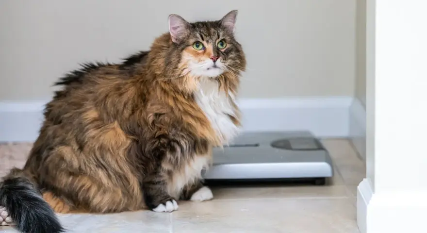 Puszysty maine coon najwiekszy kot, siedzi obok wagi.