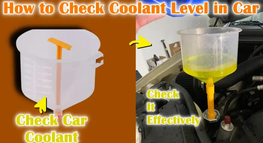 Learn how to check car coolant level effectively. The image shows a measuring jug and a funnel being used to check the coolant in a car engine.