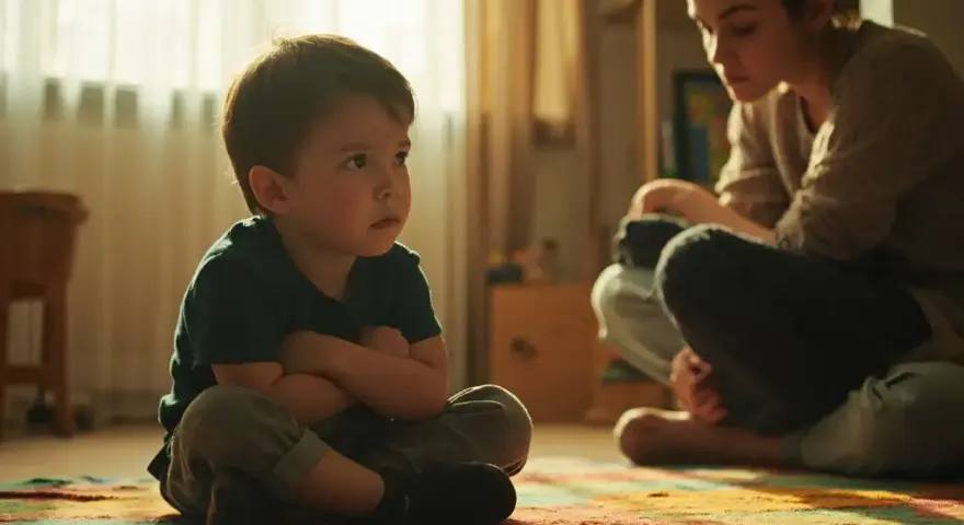 Chłopiec siedzi z założonymi rękami, patrząc w bok z miną obrażonego dziecka. Matka siedzi za nim, pochylona. Scena sugeruje szantaż emocjonalny dzieci wobec rodziców.