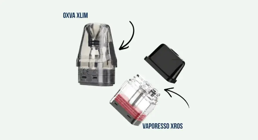 Cartucho Vaporesso Xros y un cartucho Oxva Xlim, ambos transparentes con líquido rojo visible en el Xros.