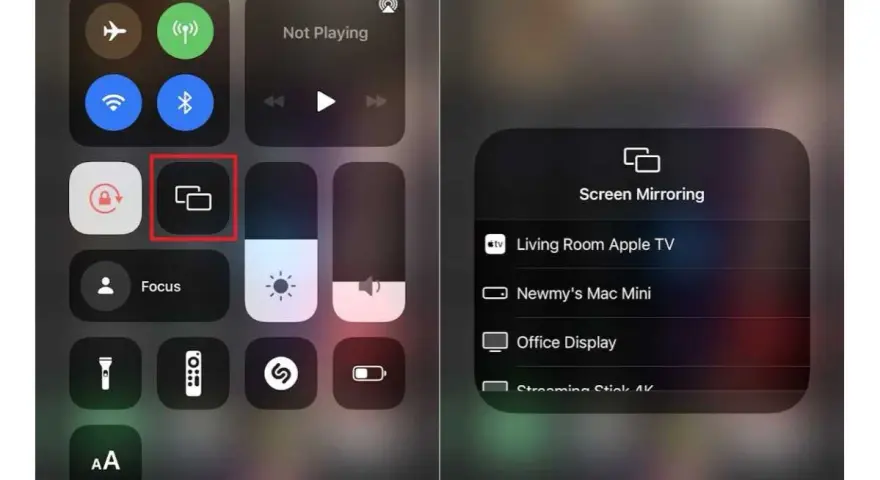iPhone-skärmen visar kontrollcenter med alternativ för skärmspegling, inklusive AirPlay till Apple TV.